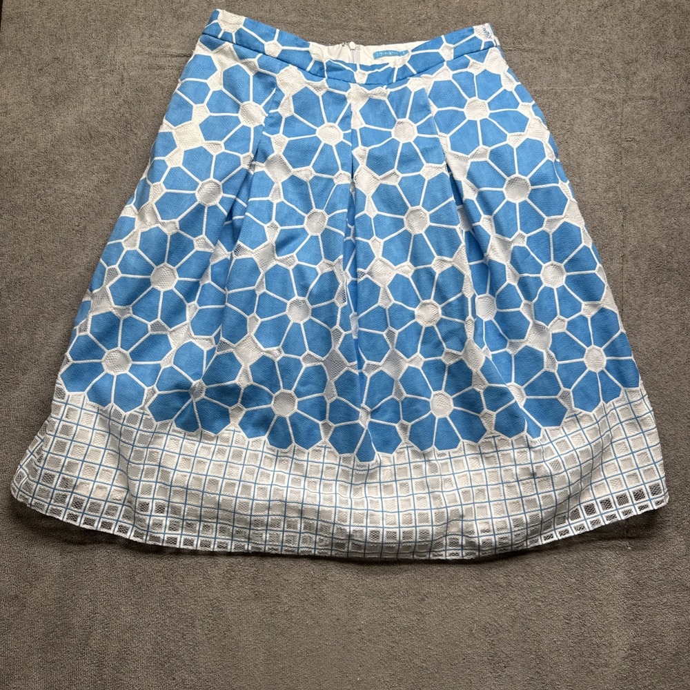 J.McLaughlin Blue White Floral Pleated A-Line Skirt Women's 6โ Mod Preppy Lined